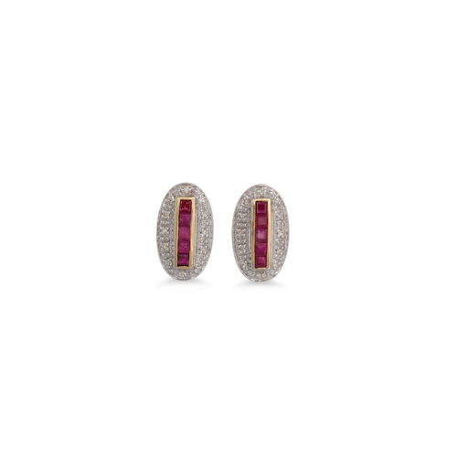 32 - A PAIR OF DIAMOND AND RUBY CLUSTER EARRINGS, the oval-shaped earrings mounted in gold