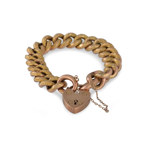 35 - AN ANTIQUE 9CT GOLD CURB LINK BRACELET, textured gold links, each link stamped, with padlock clasp