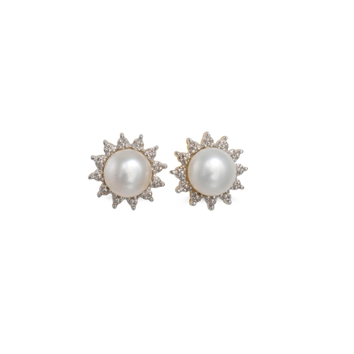 37 - A PAIR OF DIAMOND AND PEARL CLUSTER EARRINGS, mounted in white gold