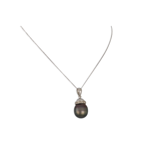 39 - A DIAMOND AND BLACK PEARL PENDANT, mounted in 18ct white gold, on a chain