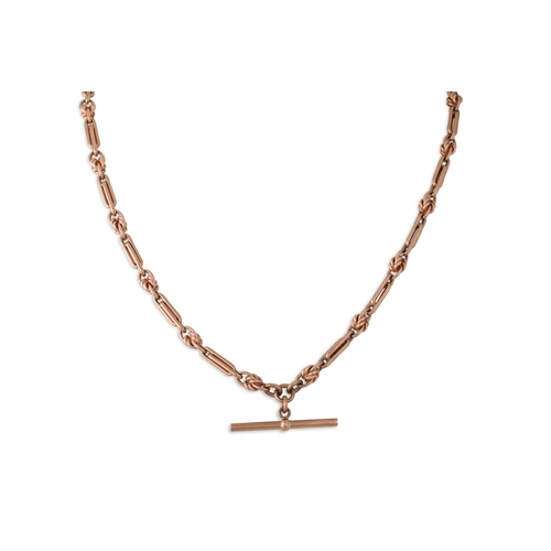 4 - A 9CT ROSE GOLD DOUBLE ALBERT CHAIN, fancy link and T-bar, 31g