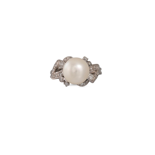 43 - A VINTAGE DIAMOND AND PEARL RING, the central pearl to diamond surround, mounted in 18ct white gold,... 