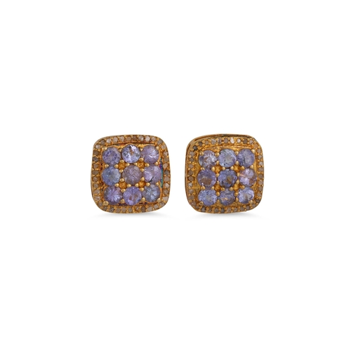 44 - A PAIR OF TANZANITE CLUSTER EARRINGS, of square from, diamond chip surrounds, mounted in 9ct gold