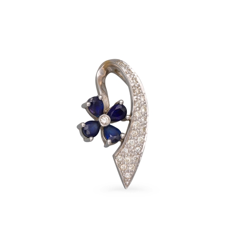 47 - A DIAMOND AND SAPPHIRE PENDANT, of floral form, mounted in 18ct gold.