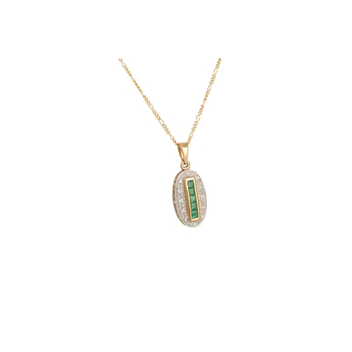 52 - AN EMERALD AND DIAMOND PENDANT, mounted in 9ct gold, on an 18ct gold chain