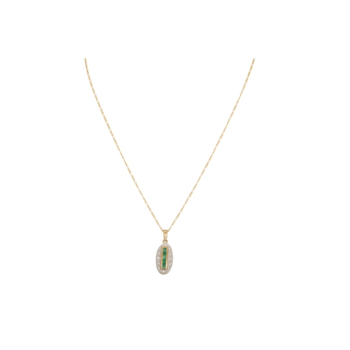 52 - AN EMERALD AND DIAMOND PENDANT, mounted in 9ct gold, on an 18ct gold chain