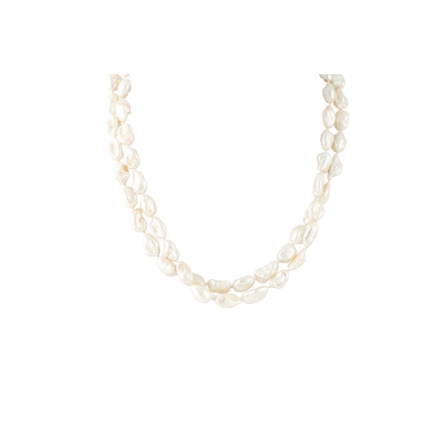 53 - A DOUBLE ROWED PEARL NECKLACE, to an 18ct white gold double clasp. River pearls, length of double ro... 