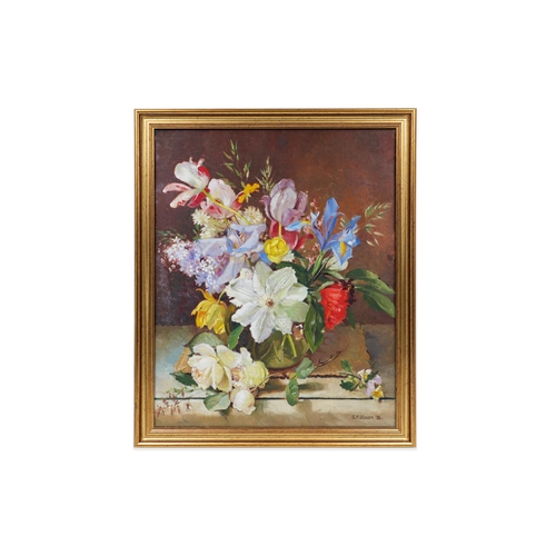 570 - GERALDINE M. O'BRIEN (IRISH 1922 - 2014), 'Still Life with Tulips, Roses, and Irises on a Ledge', oi... 