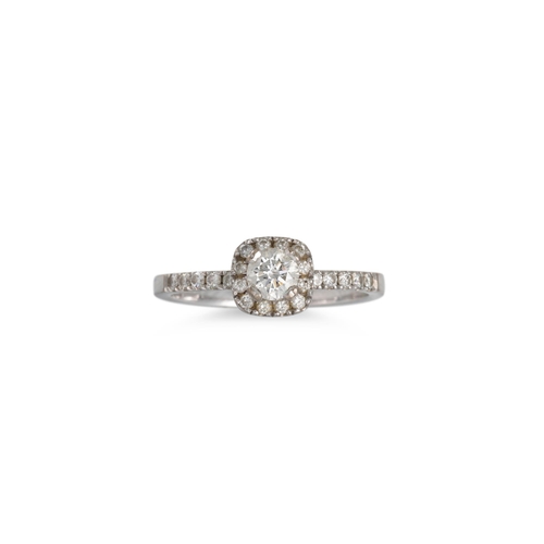 59 - A DIAMOND SOLITAIRE DRESS RING, the round brilliant cut diamond to a diamond halo surround and diamo... 