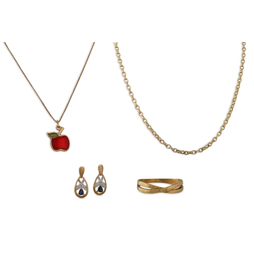 60 - A 9CT YELLOW GOLD NECK CHAIN, together with a pair of gold earrings, a 9ct gold trace chain and a go... 