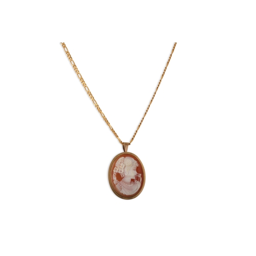 61 - A 9CT YELLOW GOLD CAMEO BROOCH, on a flat Figaro link neck chain, weight of chain 49 g.