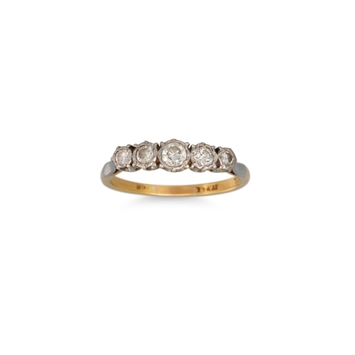 65 - A VINTAGE FIVE STONE DIAMOND RING, mounted in 18ct yellow gold. Estimated: weight of diamonds: 0.45 ... 