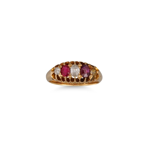 66 - AN ANTIQUE RUBY & DIAMOND FIVE STONE RING, mounted in 18ct yellow gold, size J