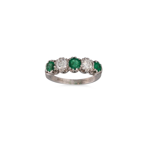 87 - A DIAMOND AND EMERALD FIVE STONE RING, the cirular emeralds & diamonds mounted in 18ct white gold, s... 