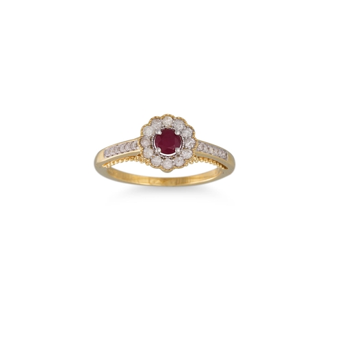 97 - A DIAMOND AND RUBY CLUSTER RING, the circular ruby to a diamond surround and shoulders, mounted in g... 