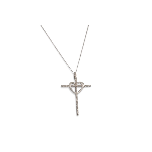 41 - A DIAMOND CROSS & CHAIN, the 9ct white gold cross to a heart shape centre, on 9ct gold chain