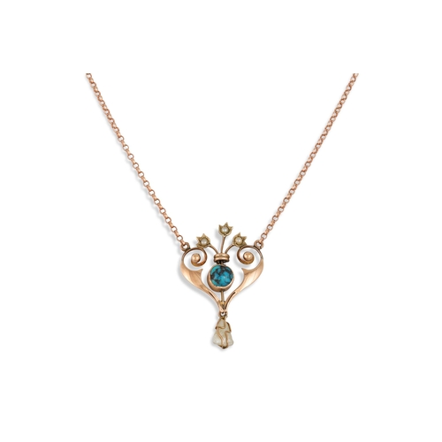 43 - AN ART NOUVEAU TURQUOISE AND PEARL DROP PENDANT, of shaped form, on a chain