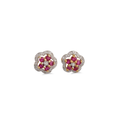 46 - A PAIR OF DIAMOND AND RUBY CLUSTER EARRINGS, mounted in white gold