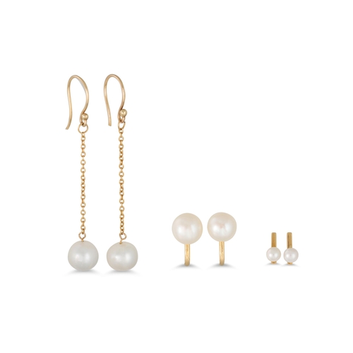 51 - THREE PAIRS OF PEARL SET EARRINGS, mounted in yellow gold