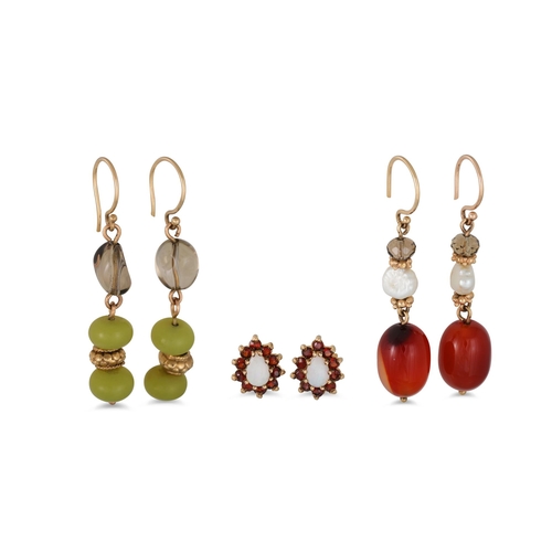 53 - TWO PAIR OF BEADED EARRINGS, together with a pair of garnet and opal earrings, mounted in gold