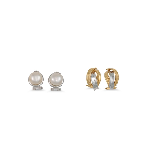 56 - A PAIR OF 18CT GOLD EARRINGS, together with a pair of pearl earrings, mounted in 14ct white gold