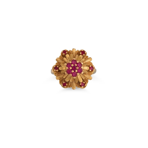 59 - A VINTAGE RUBY CLUSTER RING, of floral form, mounted in 18ct gold, size K, 6.3 g.