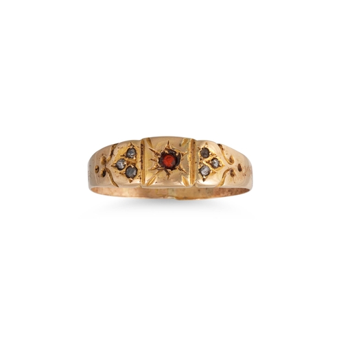 65 - AN ANTIQUE GARNET AND DIAMOND RING, mounted in gold, size T