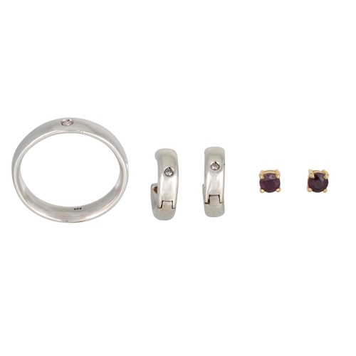 67 - A PAIR OF GARNET STUD EARRINGS, mounted in yellow gold, the backs stamped 14ct together with a moder... 