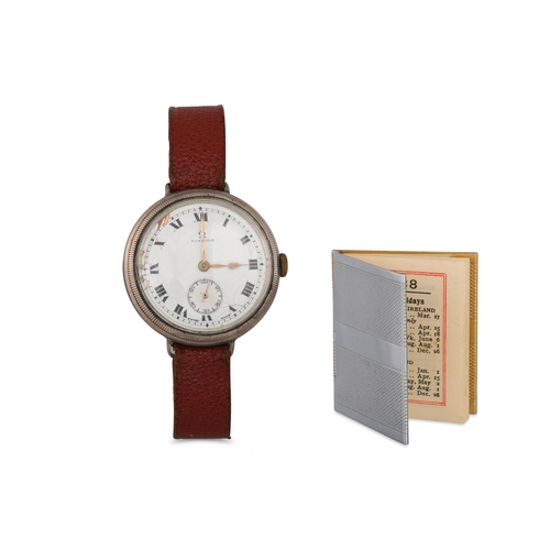 7 - A PRE-WAR SILVER CASED OMEGA WRISTWATCH, white enamel dial, Roman numerals, separate minute dial, en... 