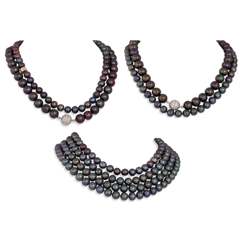 70 - A GROUP OF EIGHT MODERN BLACK DYED CULTURED PEARL CHOKER NECKLACES, with magnetic clasps