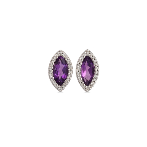 74 - A PAIR OF DIAMOND AND AMETHYST CLUSTER EARRINGS, the marquise amethyst to diamond surround, mounted ... 