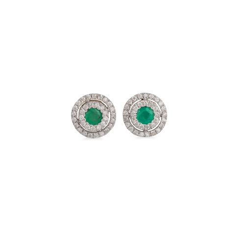 83 - A PAIR OF DIAMOND AND EMERALD CLUSTER EARRINGS, mounted in gold