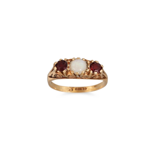 84 - A VINTAGE OPAL AND GARNET THREE STONE RING, mounted in 9ct gold, size I