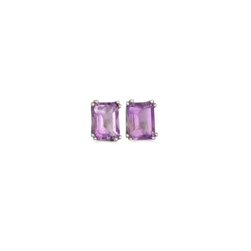 98 - A PAIR OF AMETHYST EARRINGS, mounted in 9ct gold