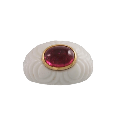 102 - A BVLGARI WHITE CERAMIC AND TOURMALINE BOMBÉ RING, mounted in 18ct gold, signed Bulgari, size K with... 