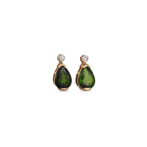 106 - A PAIR OF DIOPSIDE AND DIAMOND STUD EARRINGS, mounted in 9ct. yellow gold