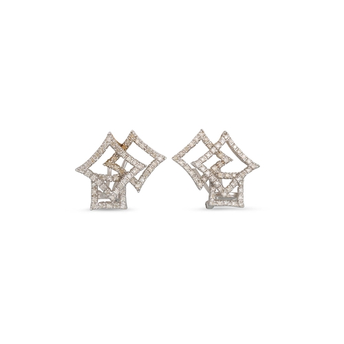 11 - A PAIR OF UNUSUAL DIAMOND SET EARRINGS, mounted in 14ct white gold (4.7 g)