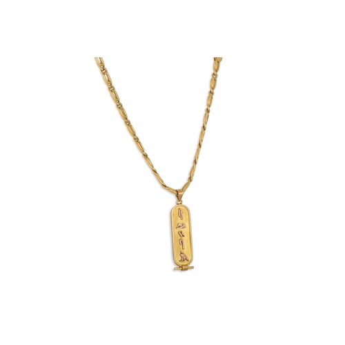 113 - AN 18CT GOLD FANCY LINK NECK CHAIN, together with a gold Egyptian pendant, 18 g.