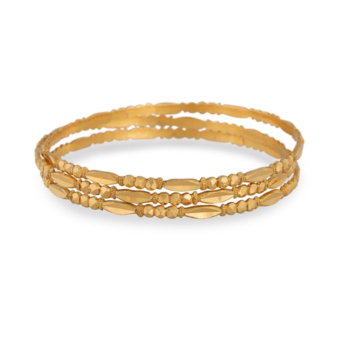 114 - A GROUP OF THREE 20 CT GOLD BANGLES, ornate decoration, 30 g.