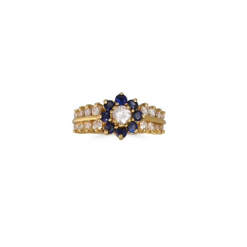 115 - A DIAMOND AND SAPPHIRE DOUBLE ROW CLUSTER DRESS RING, set in 18ct gold, size: L