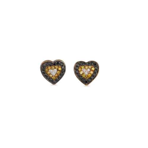 21 - A PAIR OF COLOURED DIAMOND EARRINGS, in the shape of a heart, mounted in gold