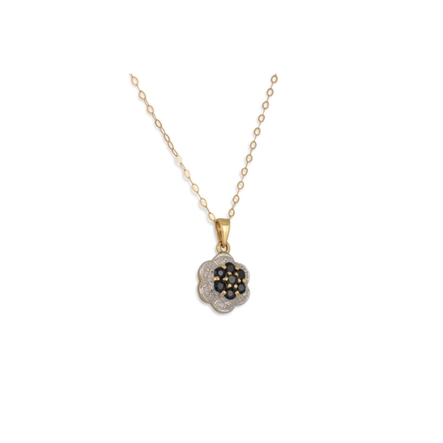 22 - A DIAMOND AND SAPPHIRE CLUSTER PENDANT, mounted in 9ct gold on a chain