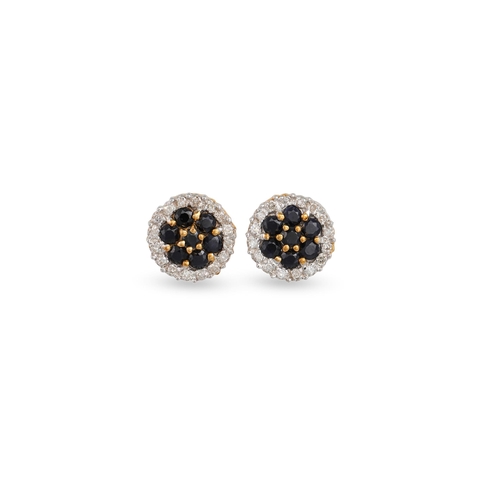 23 - A PAIR OF DIAMOND AND SAPPHIRE CLUSTER EARRINGS, mounted in 9ct yellow gold