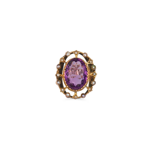 34 - AN ANTIQUE GOLD AMETHYST AND PEARL RING, the large oval amethyst to pearl surround, size M - N