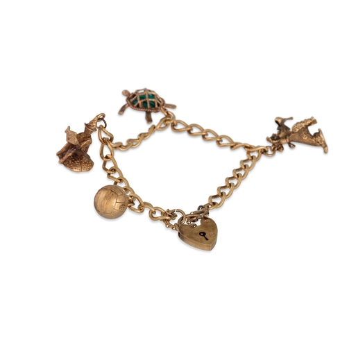 10 - A 9CT GOLD CHARM BRACELET AND PADLOCK, with four various charms (23 g gross weight)