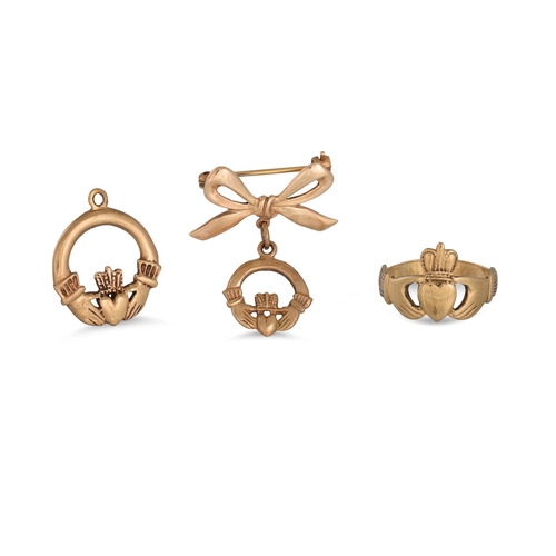 12 - THE CLADDAGH COLLECTION, comprising ring, pendant, and brooch (8 g)