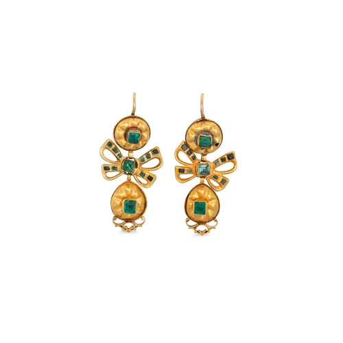 128 - A PAIR OF VICTORIAN EMERALD DROP EARRINGS, modelled as bows suspending drops, in yellow gold, 10.4 g... 