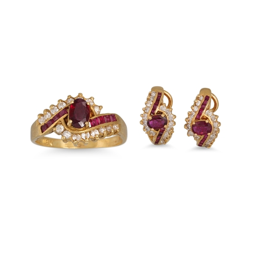 151 - A RUBY AND DIAMOND SET DRESS RING, together with a matching pair of earrings, mounted in 18ct yellow... 