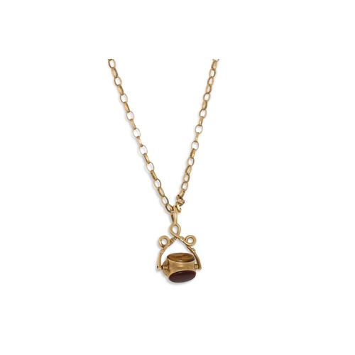 2 - A 9CT GOLD STONE SET SWIVEL FOB, on a 9ct gold chain, chain 9.5 g.