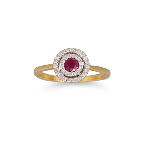 34 - A RUBY AND DIAMOND CLUSTER RING, the oval ruby to diamond surround, mounted in 9ct yellow gold, size... 